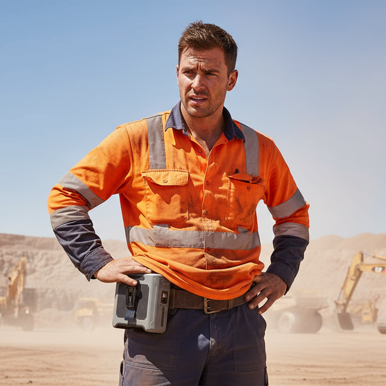 Man in high-visibility workwear standing in a mining or construction site with heavy machinery in the background.
