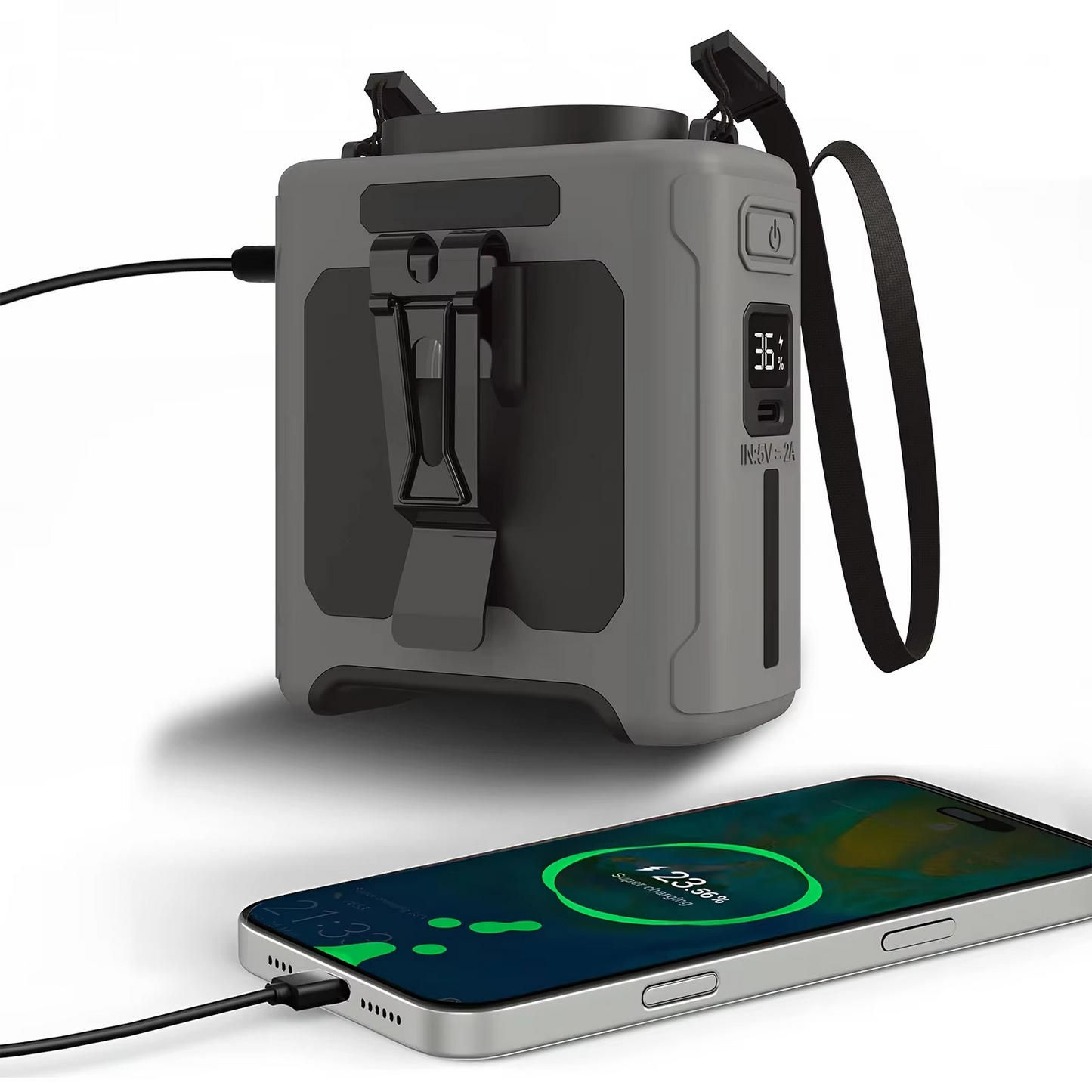 Portable power station charging a smartphone on a white background