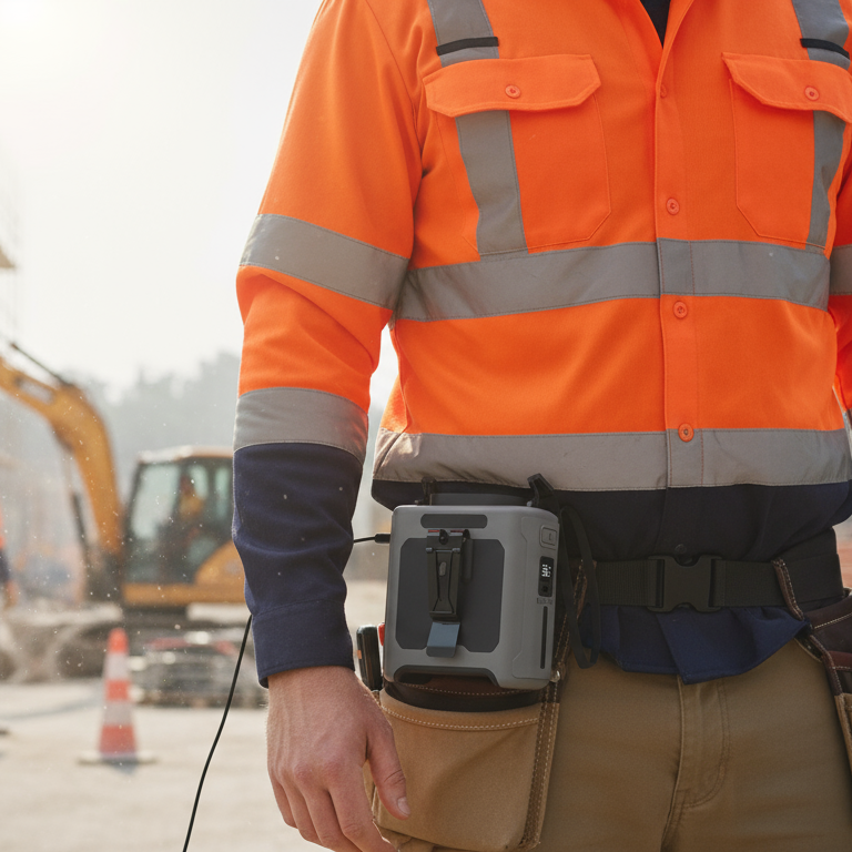 Person wearing an orange safety jacket on a construction site with other workers and equipment in the background.