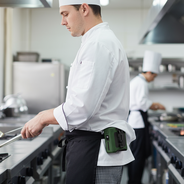 Chef in a professional kitchen using a digital device