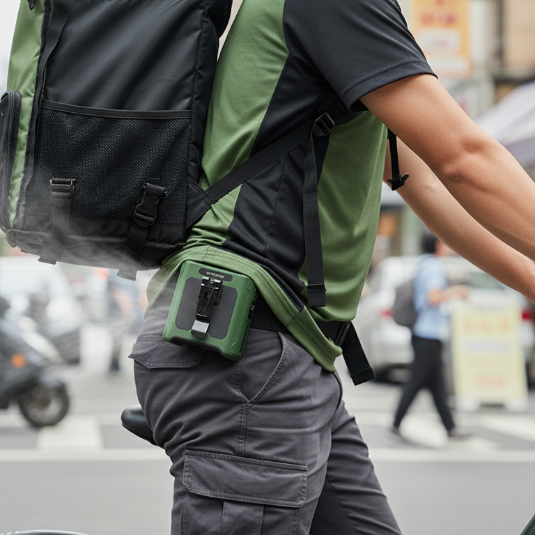 Person riding a bicycle on a city street with a backpack